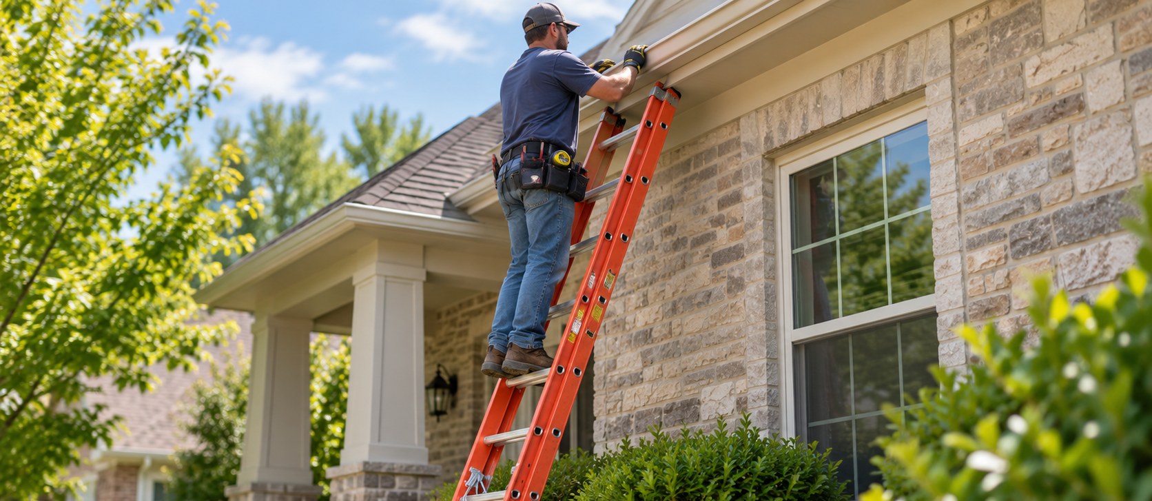 Fiberglass extension ladder set against a house while a worker services the gutter, available to rent at Moore Rental Service in Arlington, Texas