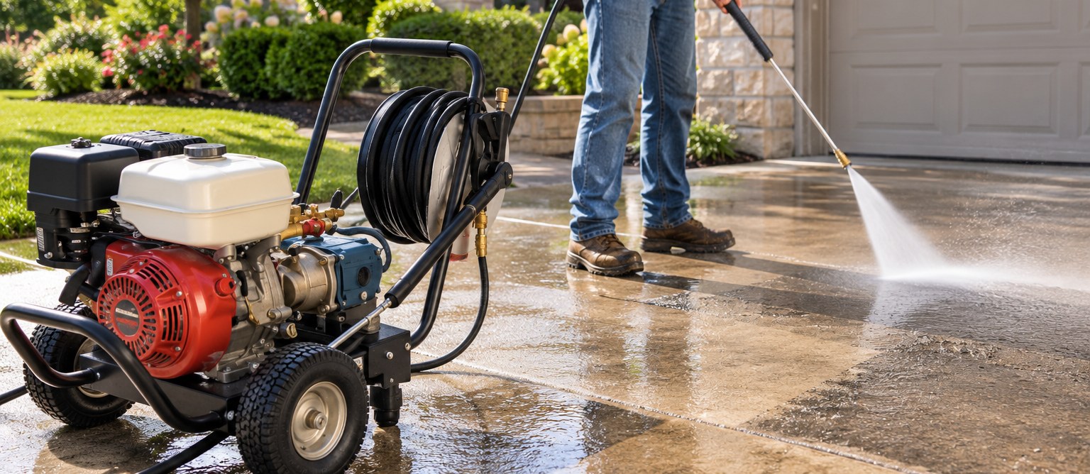 3000 PSI gas pressure washer cleaning a concrete driveway, available to rent at Moore Rental Service in Arlington, Texas