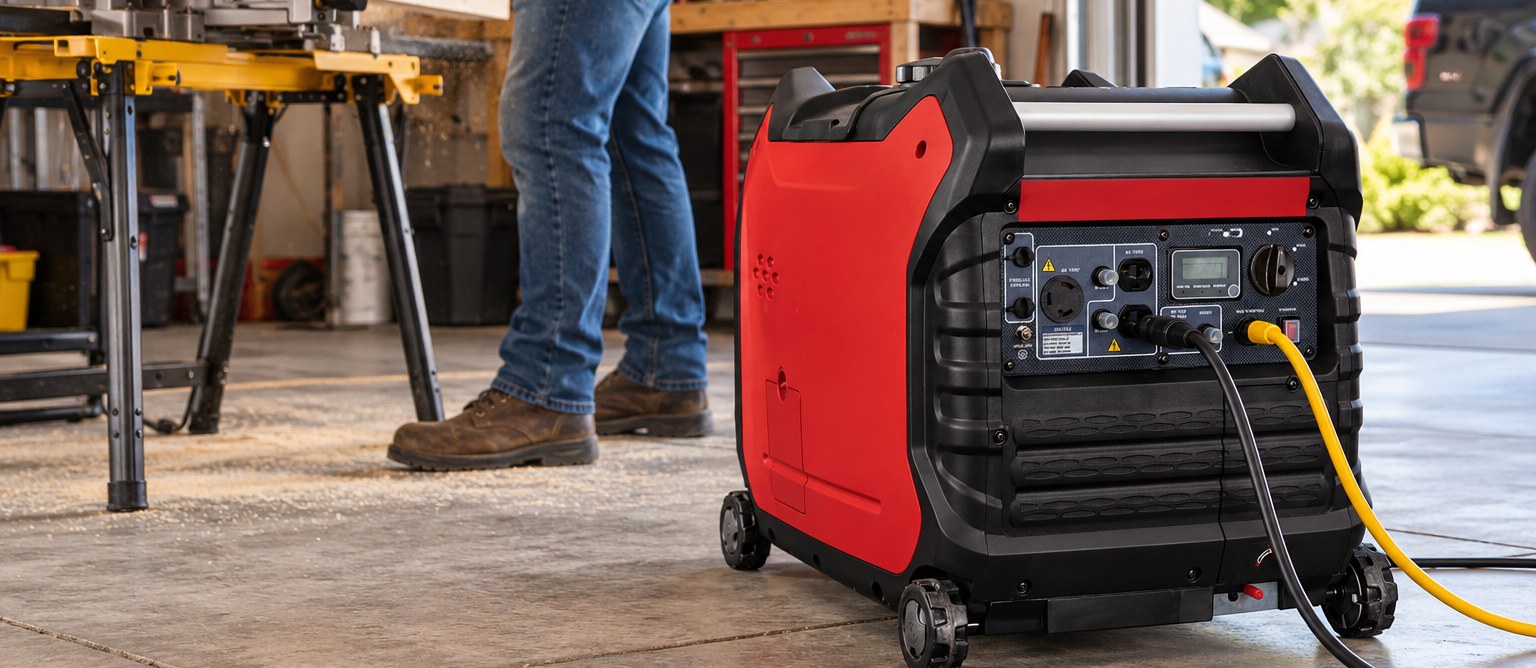 Inverter generator powering tools in a garage workshop, available to rent at Moore Rental Service in Arlington, Texas
