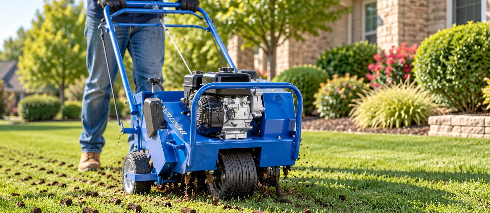 Walk-behind core aerator pulling soil plugs from a lawn, available to rent at Moore Rental Service in Arlington, Texas