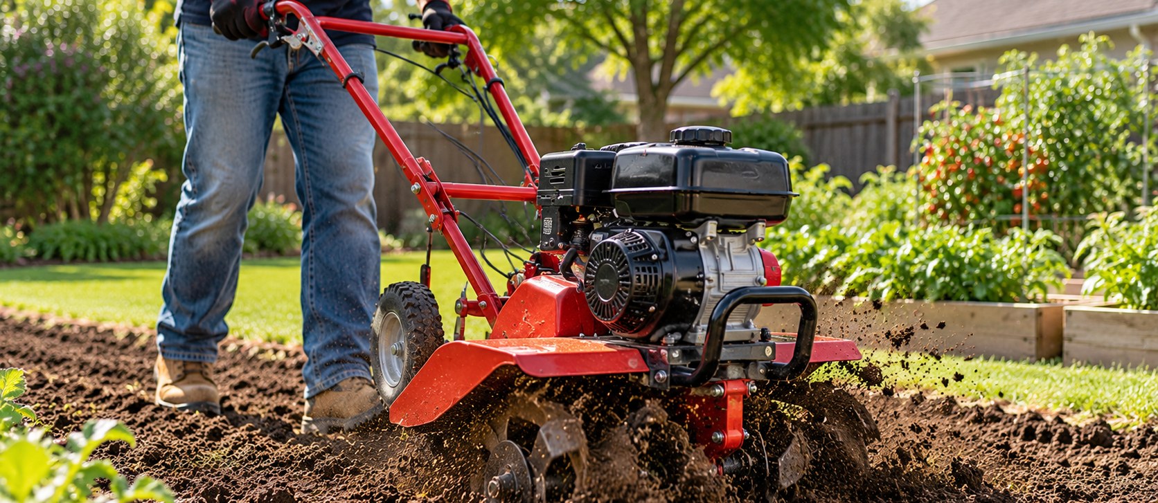 Rear tine garden tiller breaking up soil in a garden bed, available to rent at Moore Rental Service in Arlington, Texas