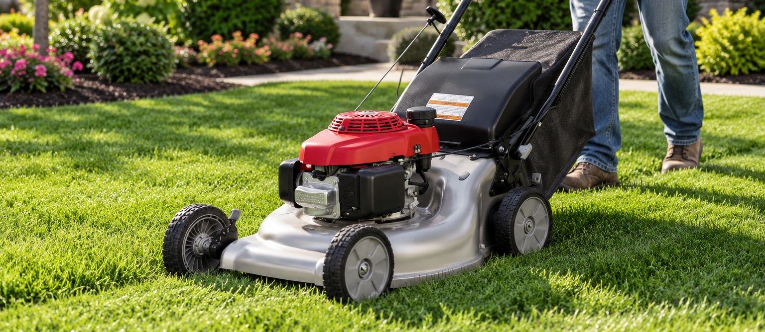 21-inch self-propelled lawn mower cutting a residential lawn, available to rent at Moore Rental Service in Arlington, Texas