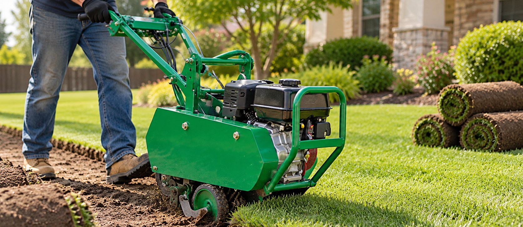 Walk-behind sod cutter slicing sod beside fresh rolls of turf, available to rent at Moore Rental Service in Arlington, Texas