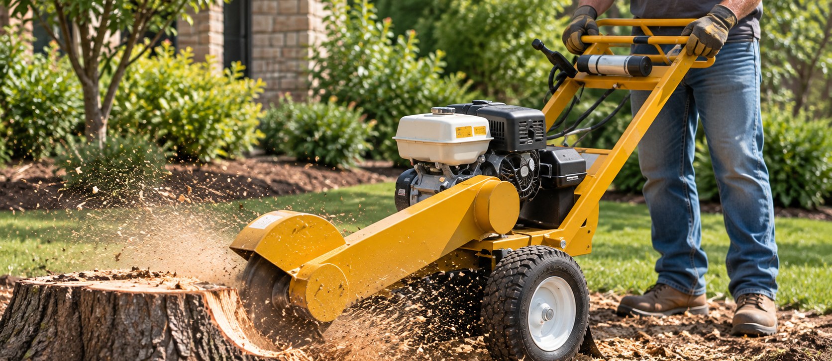 Walk-behind stump grinder cutting down a tree stump in a residential yard, available to rent at Moore Rental Service in Arlington, Texas