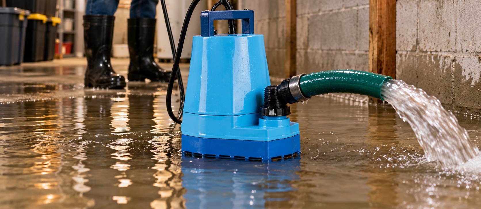 Electric submersible water pump discharging water from a flooded basement floor, available to rent at Moore Rental Service in Arlington, Texas
